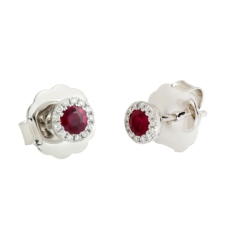 Stud Earrings with Matte Finish -Natural Ruby & Diamond Stud Earrings In White Gold For Her