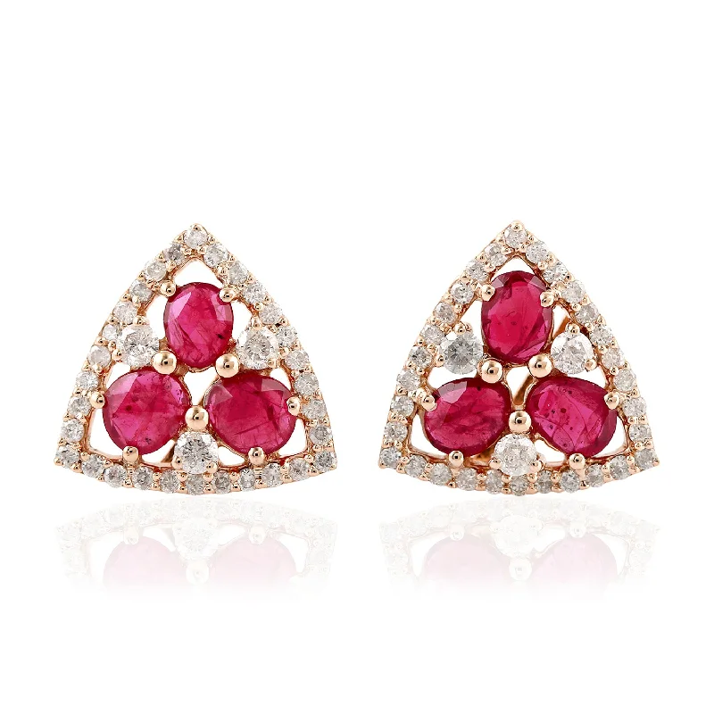 Nickel Free Stud Earrings for Safety -Natural Ruby Gemstone Pave Diamond Trillion Design Stud Earrings In 18k Rose Gold