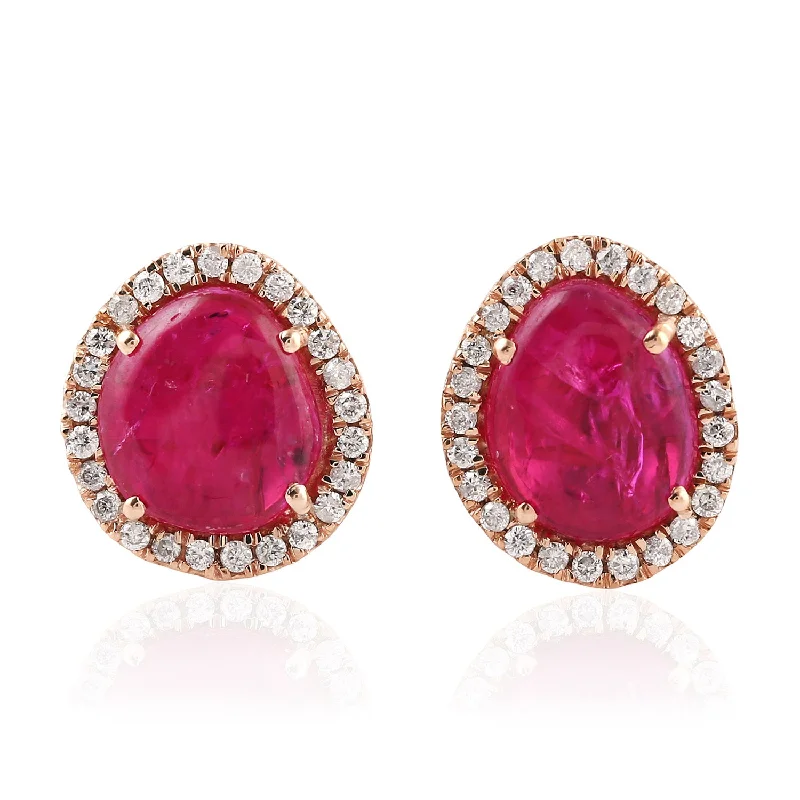 Stud Earrings with Etching -Natural Slice Ruby Prong Diamond July Birthstone Stud Earrings 18K Rose Gold Jewelry