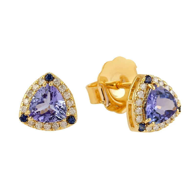 Stud Earrings for School Uniform -Natural Tanzanite ,Diamond Trillion Stud Earrings In 14k Yellow Gold