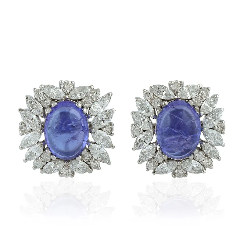 Magnetic Closure Stud Earrings for Easy -Natural Tanzanite Pave Diamond Daisy Design Stud Earrings In 18k White Gold