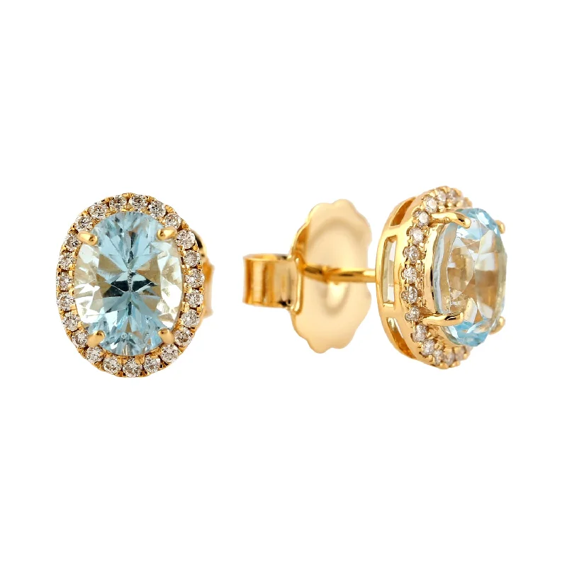 Push Back Stud Earrings for Convenience -Oval Cut Blue Topaz Pave Diamond Minimal Stud Earrings In 18k Yellow Gold