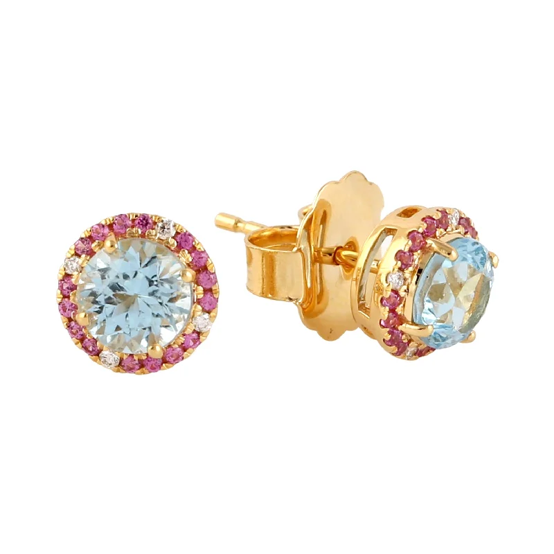 Screw Back Stud Earrings for Security -Round Blue Topaz Pink Sapphire Pave Diamond Stud Earrings In 18k Yellow Gold