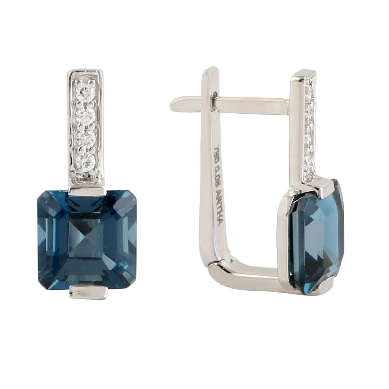 Stud Earrings with Vine Designs -Octagon Blue Topaz Pave Diamond Latch Back Lock Stud Earrings In 18k White Gold