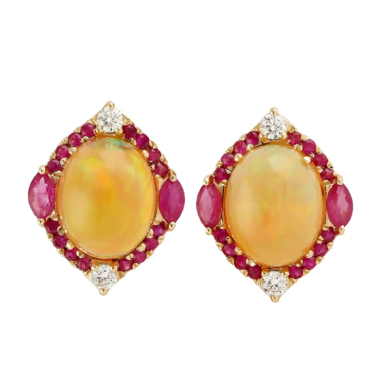 Stud Earrings with Animal Motifs -Opal Ethopian Ruby Diamond Wedding Stud Earrings In 18k Yellow Gold