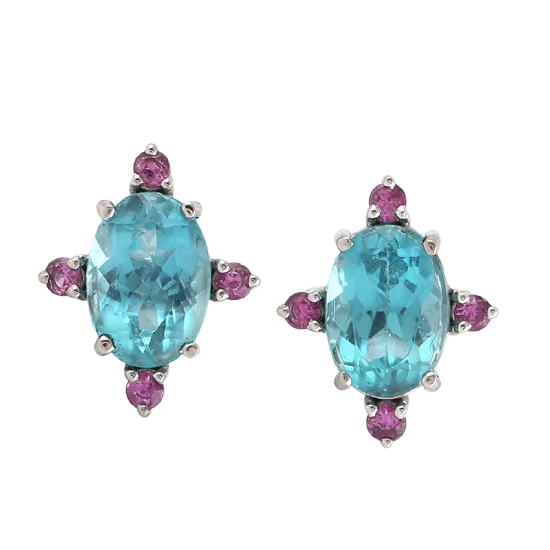 Clip On Stud Earrings for Non Pierced -Oval Cut Apatite Prong Pink Sapphire Gemstone Stud Earrings In 18k White Gold