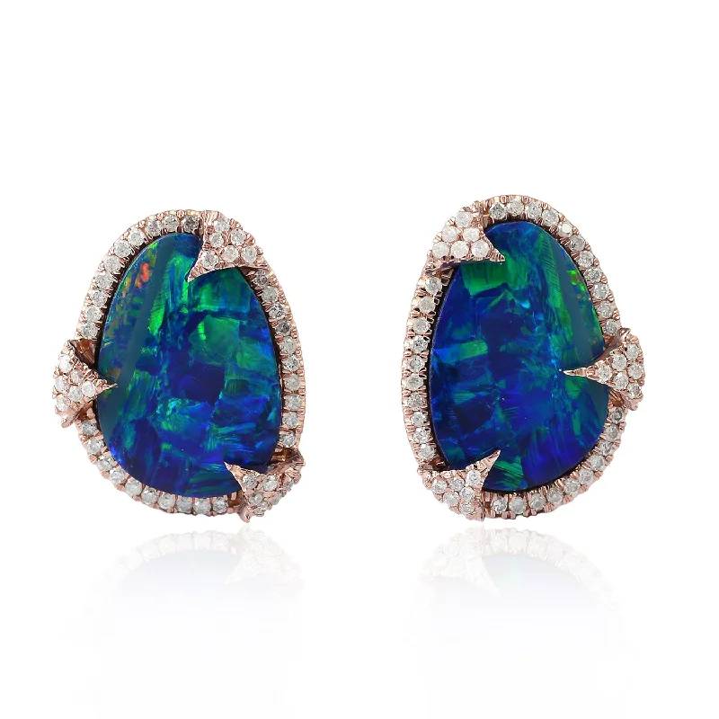 Ethnic Stud Earrings with Tribal Design -Oval Cut Australian Opal Doublet Pave Diamond Antique Stud Earrings In Rose Gold