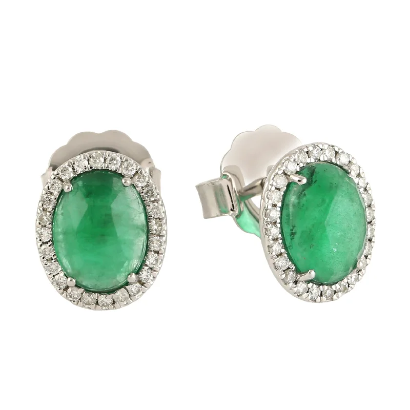 Stud Earrings with Star Motifs -Oval Emerald Diamond Stud Earrings In 14k White Gold