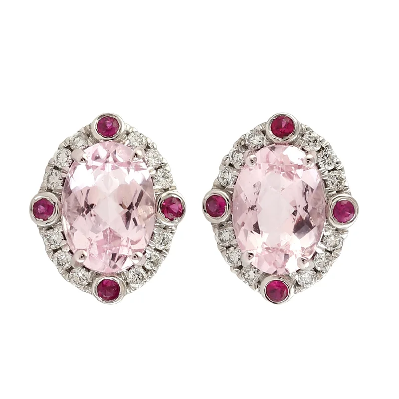 Detachable Stud Earrings with Charms -Oval Morganite Bezel Set Ruby Prong Diamond Stud Earrings In White Gold For Her