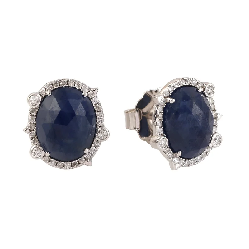 Multi Stud Earrings with Chains -Oval Shape Natural Blue Sapphire Pave Set Natural Diamond Stud Earrings In 18k White Gold