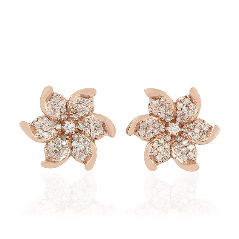 Stud Earrings for Valentine's Day -Pave Diamond 18k Rose Gold Daisy Stud Earrings For Gift