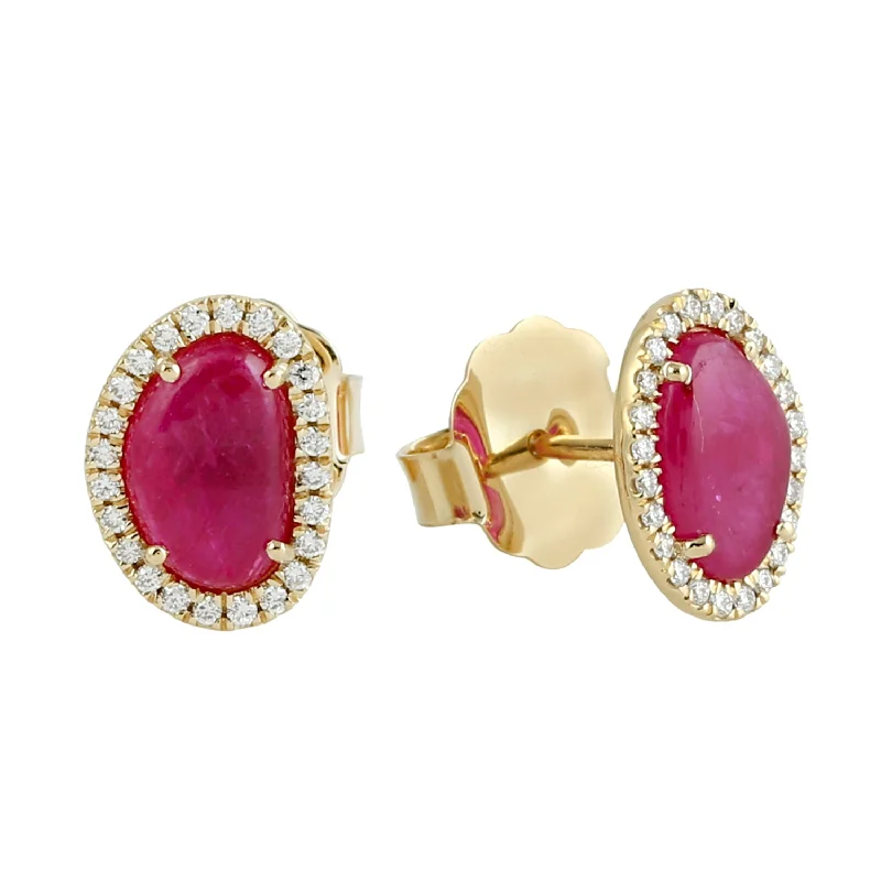 Indian Stud Earrings with Intricacy -Pave Diamond Beautiful Ruby Stud Earrings In 18k Rose Gold