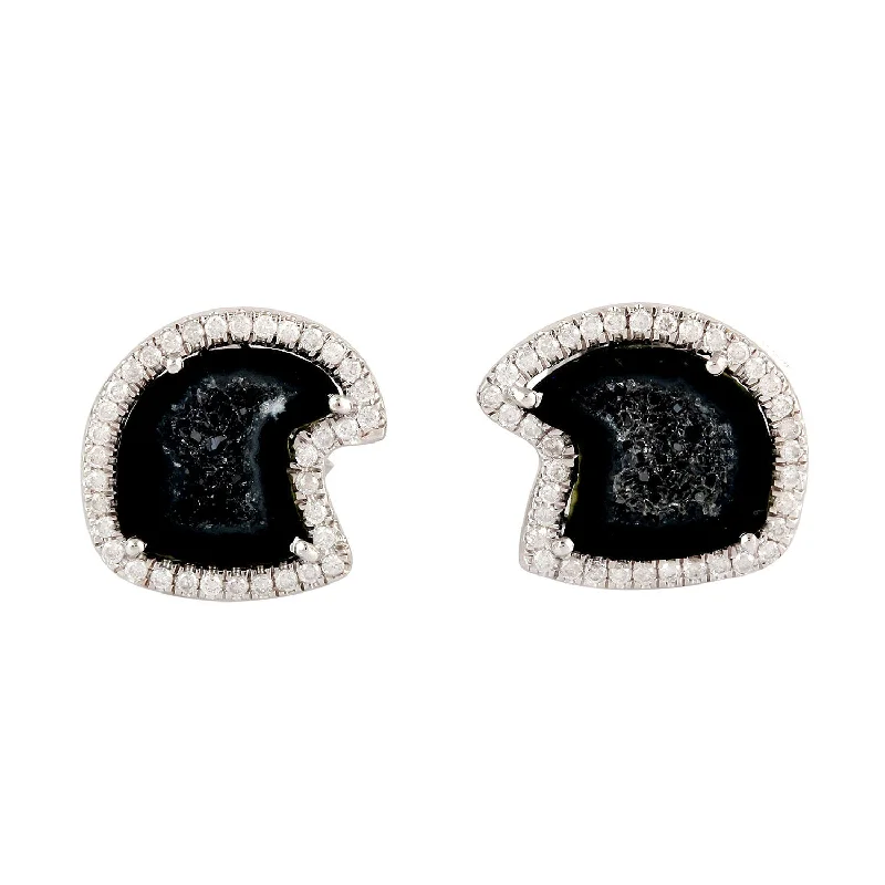 Stud Earrings with Knot Designs -Pave Diamond Natural Geode Unshaped Stud Earrings In 18k White Gold