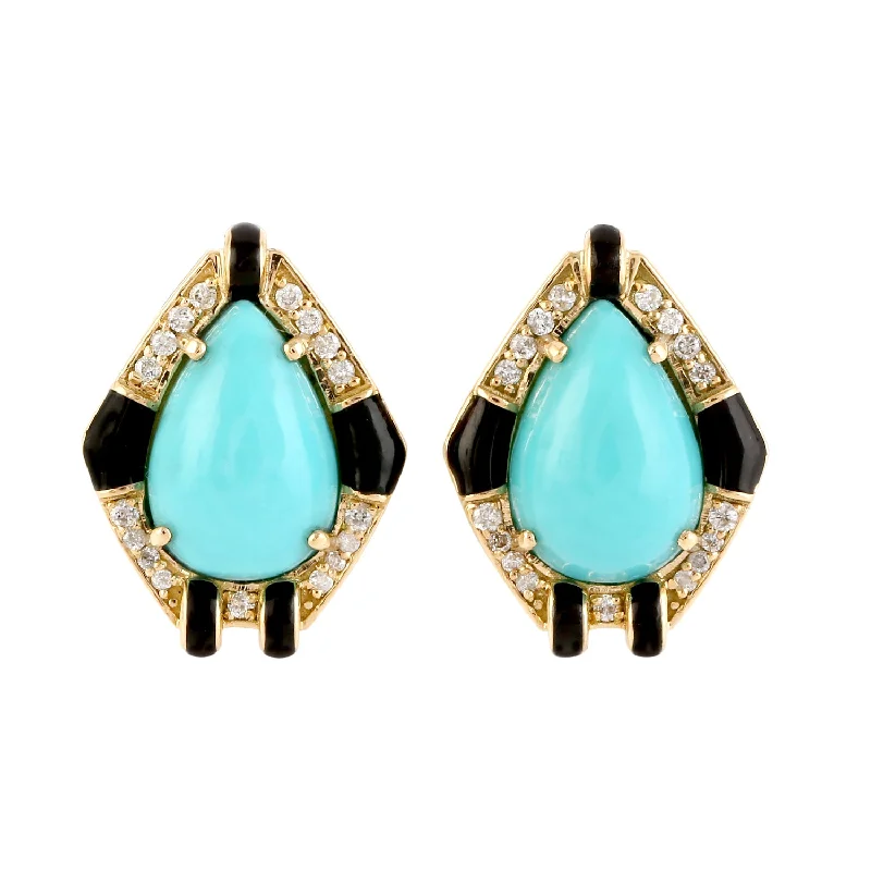 Stud Earrings for Mother's Day -Pave Diamond Pear Cut Turquoise Enamel Stud Earrings In 18k Yellow Gold