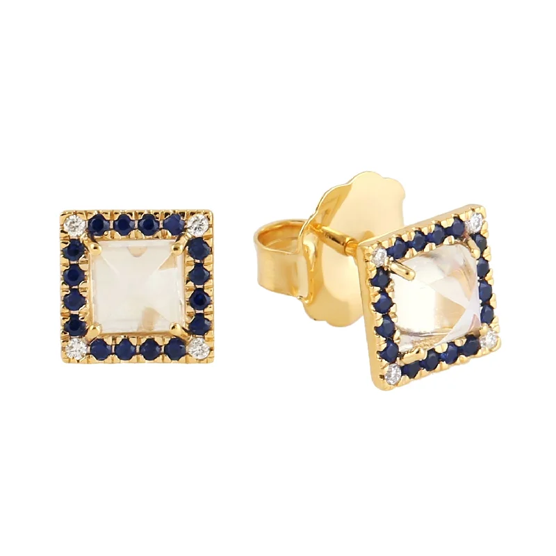 Stud Earrings with Gemstones and Beads -Square Moonstone Pave Diamond & Sapphire Stud Earrings In 18k Yellow Gold