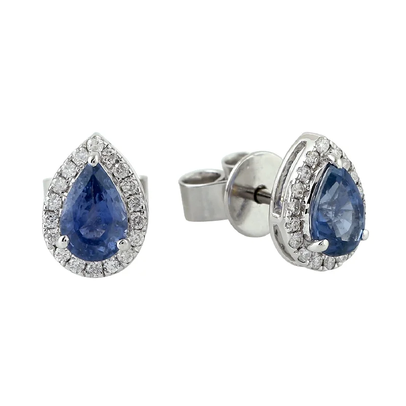 Maximalist Stud Earrings for Bling -Pear Cut Blue Sapphire Diamond 18k White Gold Stud Earrings