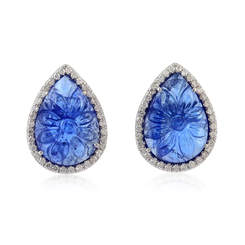 Maximalist Stud Earrings for Bling -Pear Cut Carved Tanzanite Prong Natural Diamond Stud Earrings Made In 18k White Gold