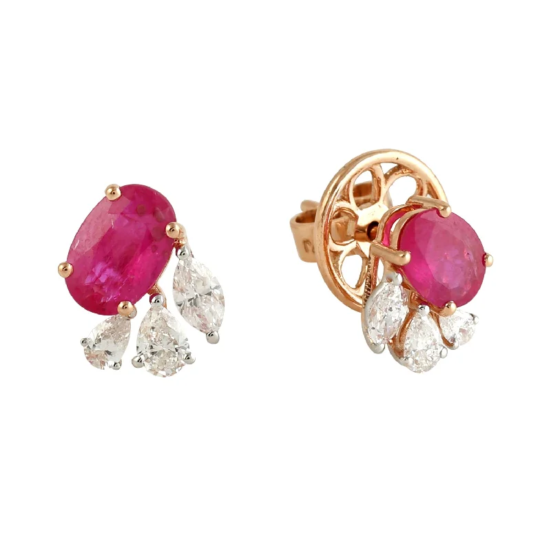 Stud Earrings with Etching -Pear Cut Diamond Oval Ruby Designer Beautiful Stud Earrings 18k Rose Gold