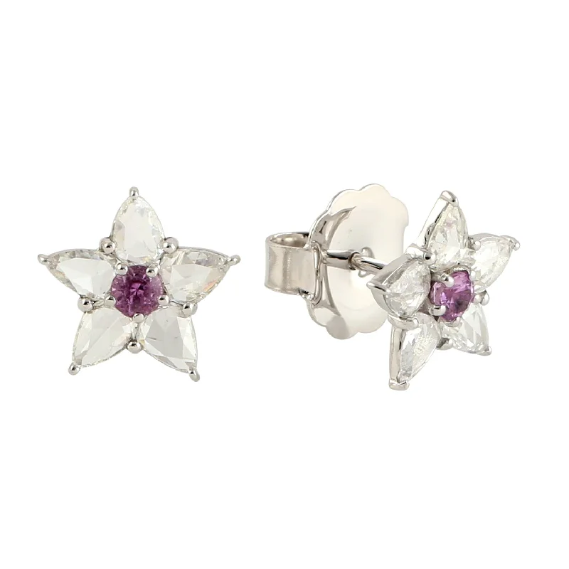 Heavy Duty Stud Earrings for Durability -Natural Rose Cut Diamond Prong Pink Sapphire Daisy Stud Earrings In 18k White Gold