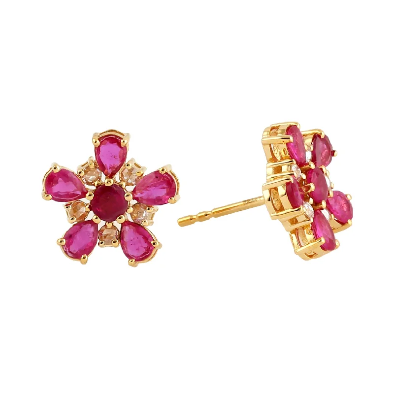 Clip On Stud Earrings for Non Pierced -Pear Cut Ruby Diamond Daisy Stud Earrings 18k Yellow Gold