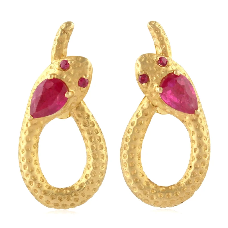 Bohemian Stud Earrings with Tassels -Pear Cut Ruby hammered 18k Yellow Gold Serpent Stud Earrings