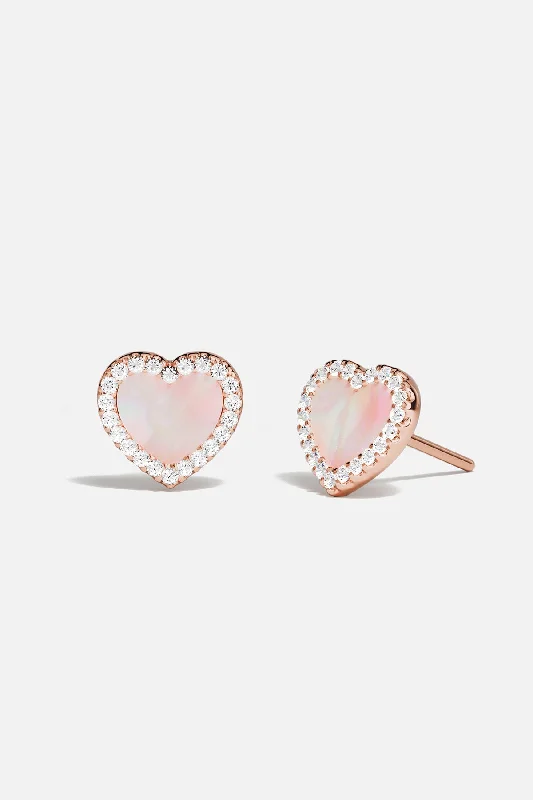 Stud Earrings with Etching -Pink Nacre Heart Stud Earrings