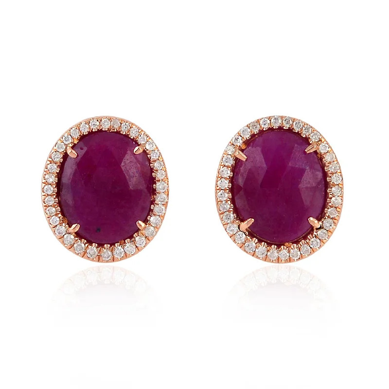 Triangular Stud Earrings for Edge -Pink Oval Ruby Prong Natural Diamond Stud Earrings Made in 18K Rose Gold