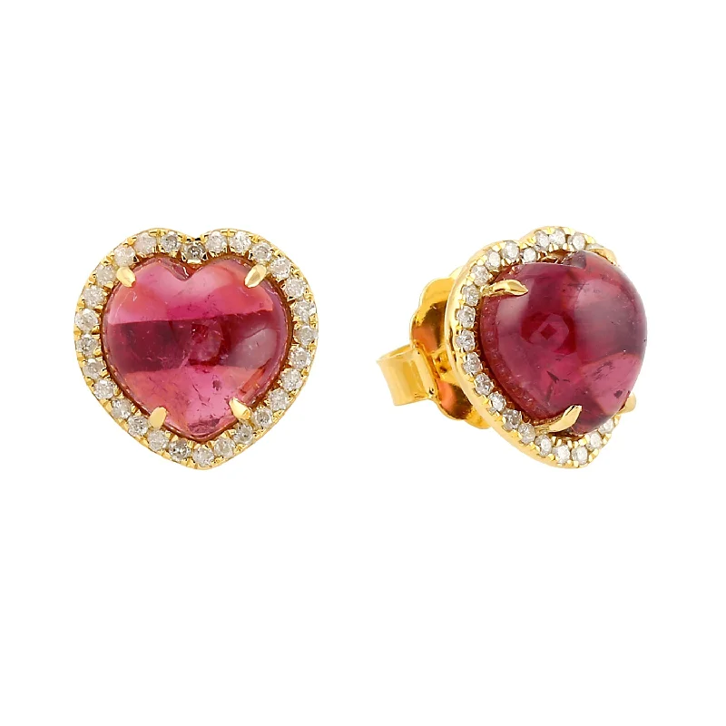 Stud Earrings with Debossed Designs -Pink Tourmaline Heart Shaped Beautiful Diamond Stud Earrings In 14k Yellow Gold