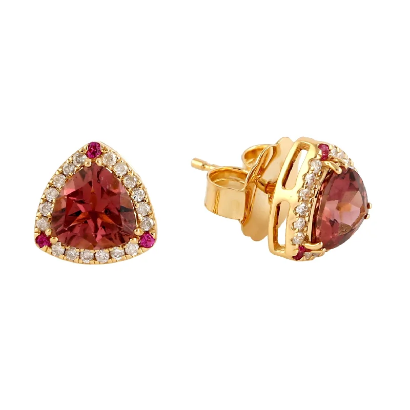 Stud Earrings for Gym Workout -Pink Tourmaline Ruby Diamond Trillion Cut Stud Earrings In 18k Yellow Gold