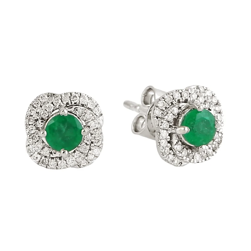 Gemstone Stud Earrings for Color -Prong Set Emerald Natural Diamond Halo Stud Earrings In 14k White Gold For Her