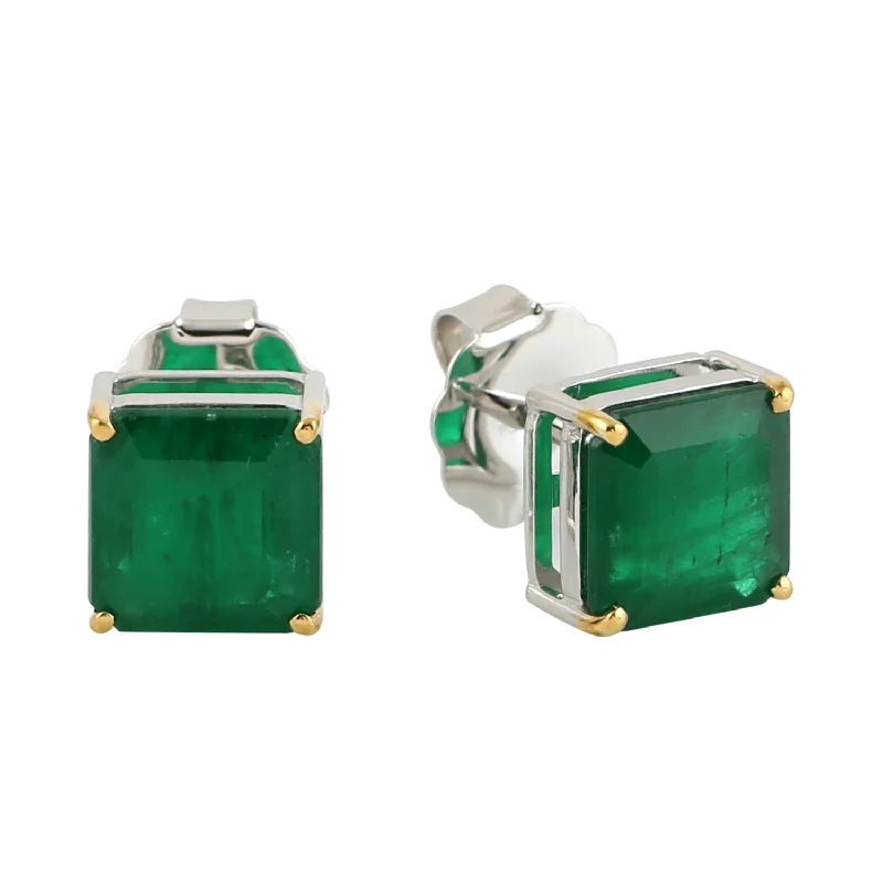 Stud Earrings for Christmas Party -Prong Set Emerald Square Stud Earrings In Dual Tone 18k Gold