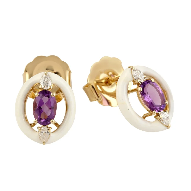 Stud Earrings with Keyhole Designs -Prong Set Oval Cut Amethyst & Diamond Enamel Stud Earrings Jewelry In 14k Yellow Gold