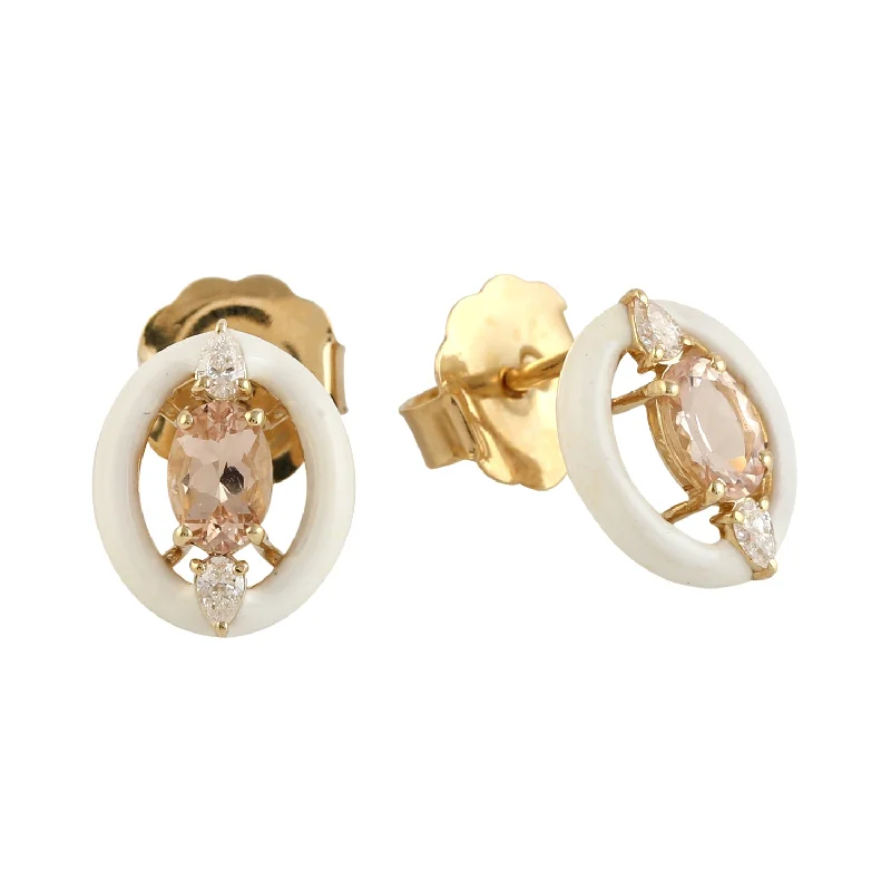 Stud Earrings with Infinity Symbols -Prong Set Oval Cut Morganite & Diamond Enamel Stud Earrings Jewelry In 14k Yellow Gold