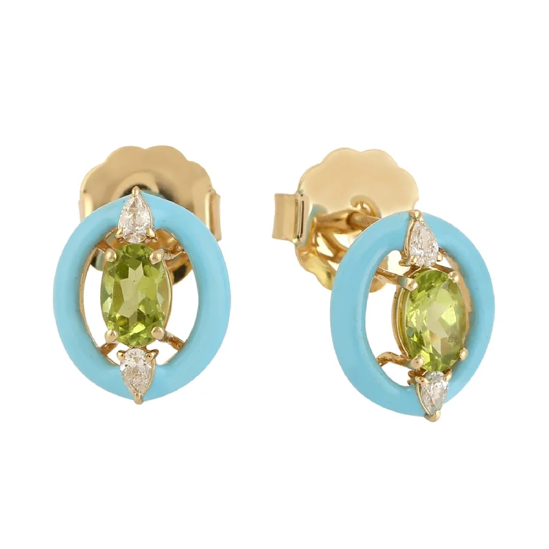 Stud Earrings with Crown Designs -Prong Set Peridot & Diamond Gemstone Enamel Stud Earrings Jewelry In 14k Yellow Gold