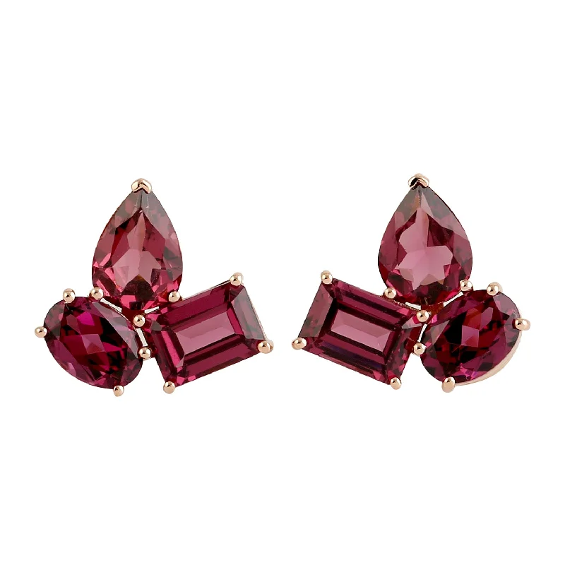 Stud Earrings with Polished Shine -Red Rhodolite Beautiful Stud Earrings in 18k Yellow Gold