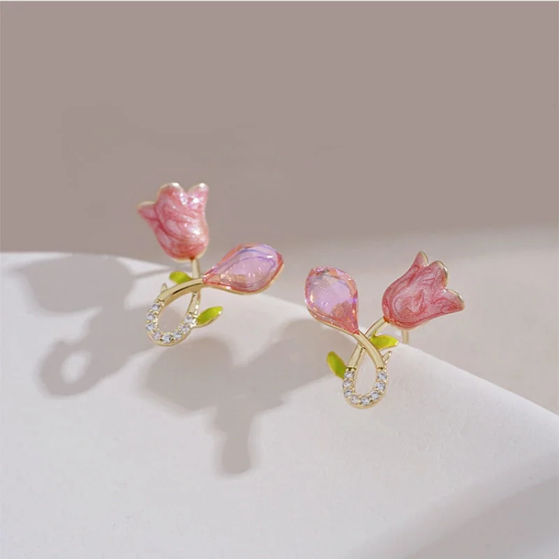 Stud Earrings with Knot Designs -Silver Post Pink Flower Stud Earrings