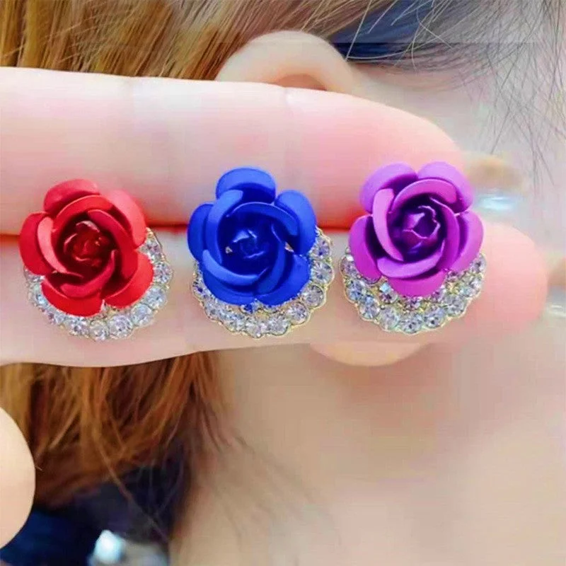 Retro Stud Earrings for Nostalgia -Silver Post Red Blue Purple Rose Stud Earrings