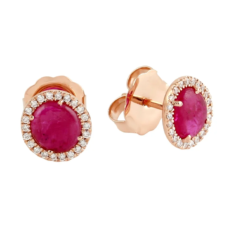 Lead Free Stud Earrings for Health -Solid 18k Rose Gold Natural Ruby Diamond Halo Stud Earrings