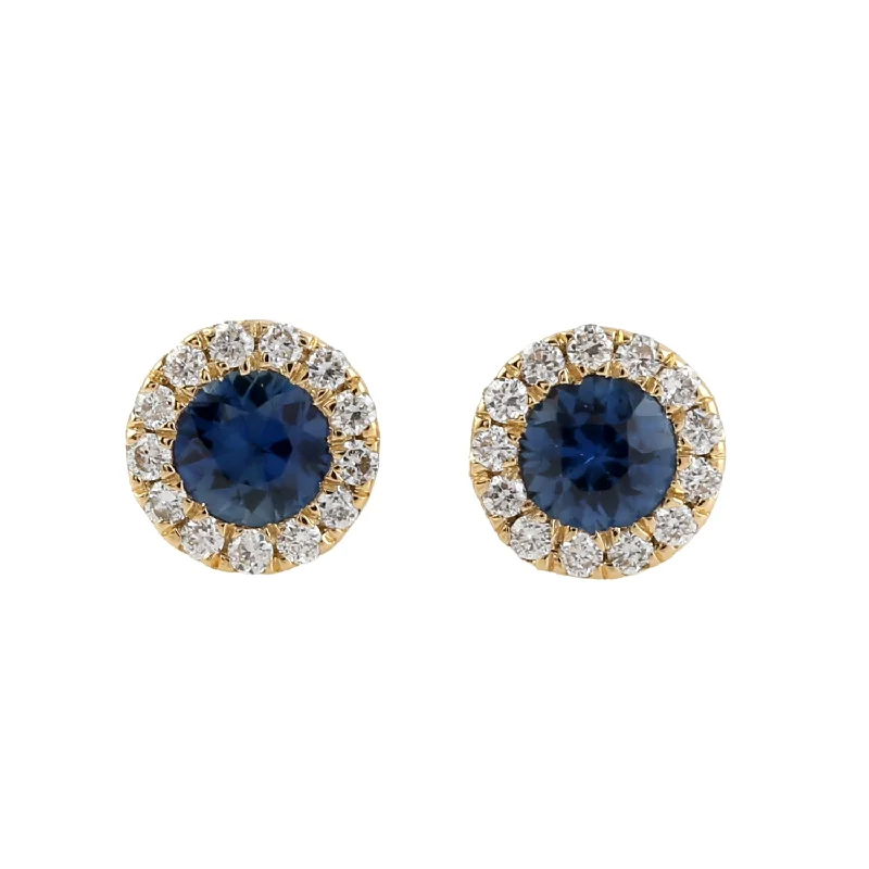 Stud Earrings for Festival Style -Solid 18k Yellow Gold Sapphire Diamond Halo Stud Earrings