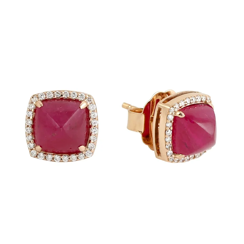 Gold Stud Earrings for Women -Spike Design Ruby Pave Diamond Halo Stud Earrings In 18k Yellow Gold For Her