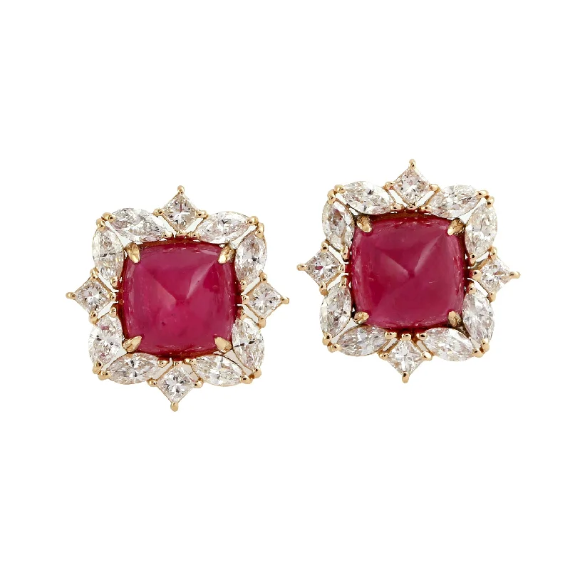 Stud Earrings for Work Attire -Square Pyramid Ruby Fancy Diamond 18K Yellow Gold Stud Earrings For Women's Gifts