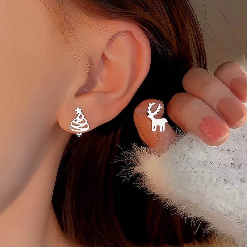 Stud Earrings for Evening Gown -Sterling Silver Christmas Tree And Antler Asymmetrical Stud Earrings