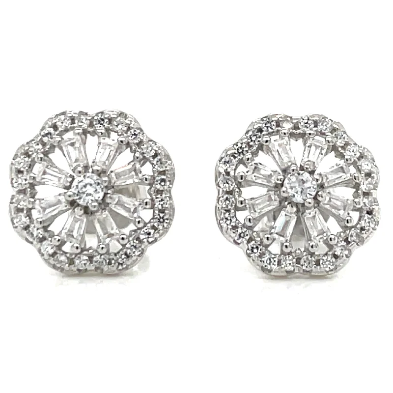 Stud Earrings with Floral Motifs -Sterling Silver Cz Flower Stud Earrings