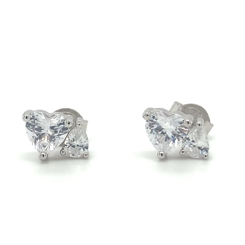 Stud Earrings with Crown Designs -Sterling Silver Cz Heart And Pear Stud Earrings