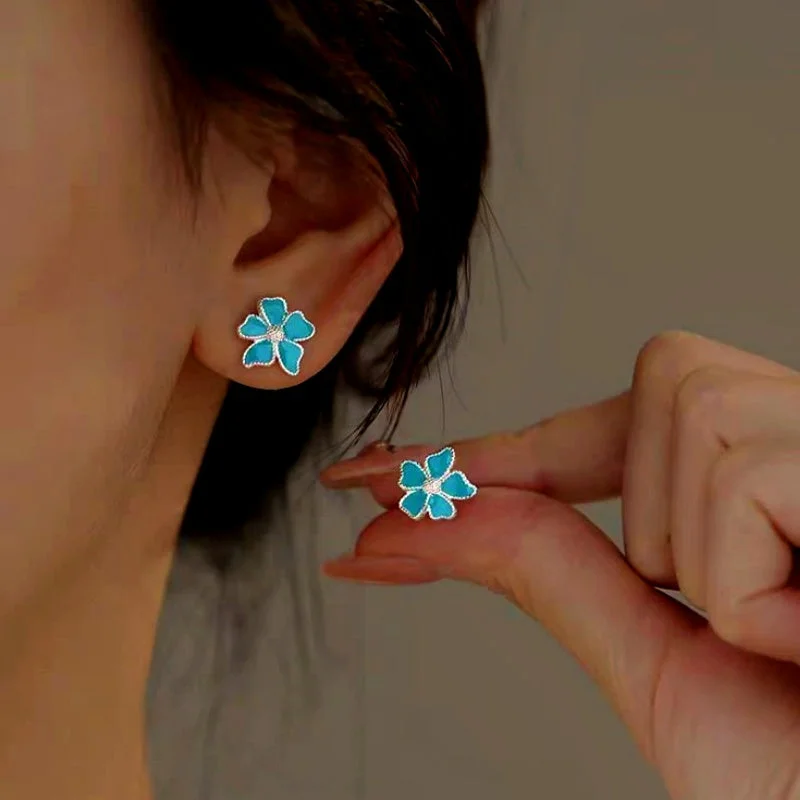 Ethnic Stud Earrings with Tribal Design -Sterling Silver Elegant Blue Flower Stud Earrings