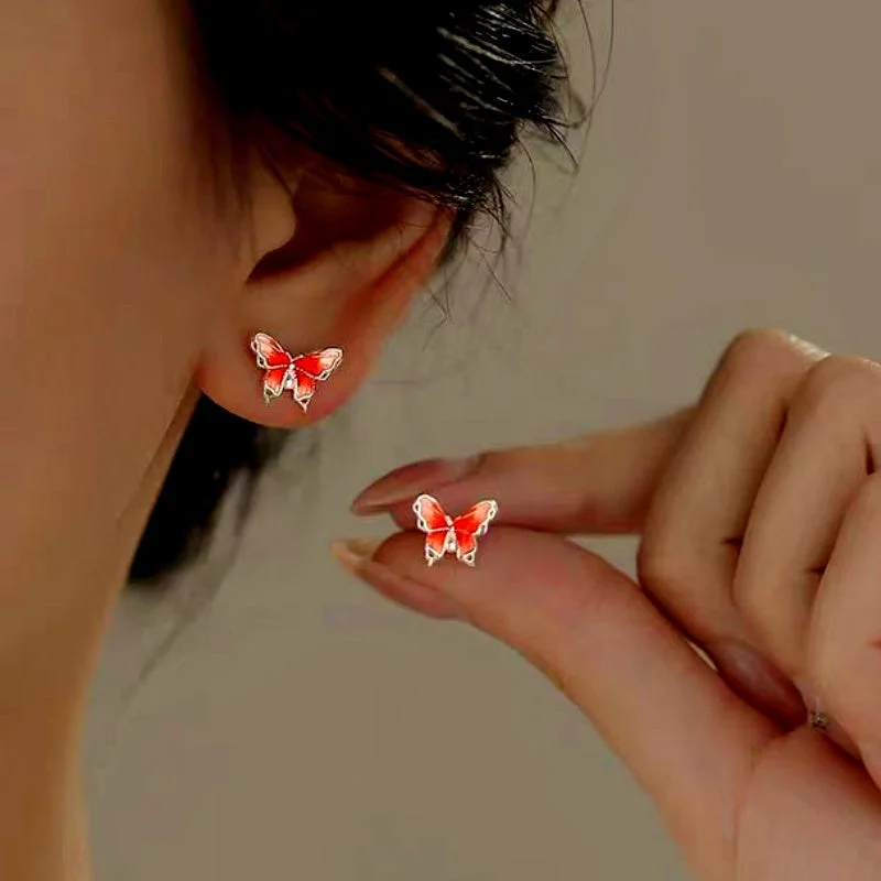 Large Stud Earrings for Statement -Sterling Silver Elegant Orange Butterfly Stud Earrings