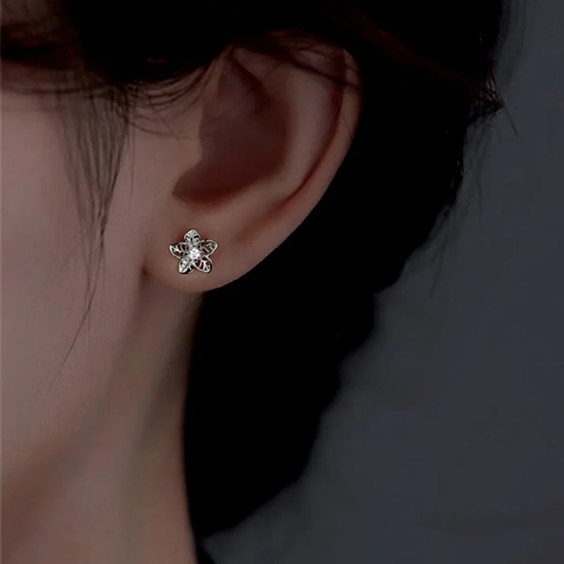 Stud Earrings with Enamel -Sterling Silver Hollow Flower Stud Earrings