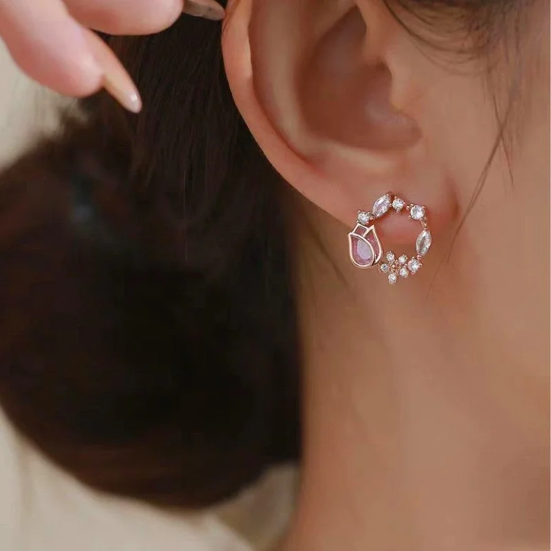 Hypoallergenic Stud Earrings for Sensitive -Sterling Silver Pink White Zircon Tulip Hoop Flower Stud Earrings