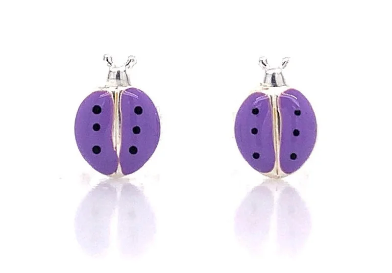 Retro Stud Earrings for Nostalgia -Sterling Silver Purple Ladybird Stud Earrings