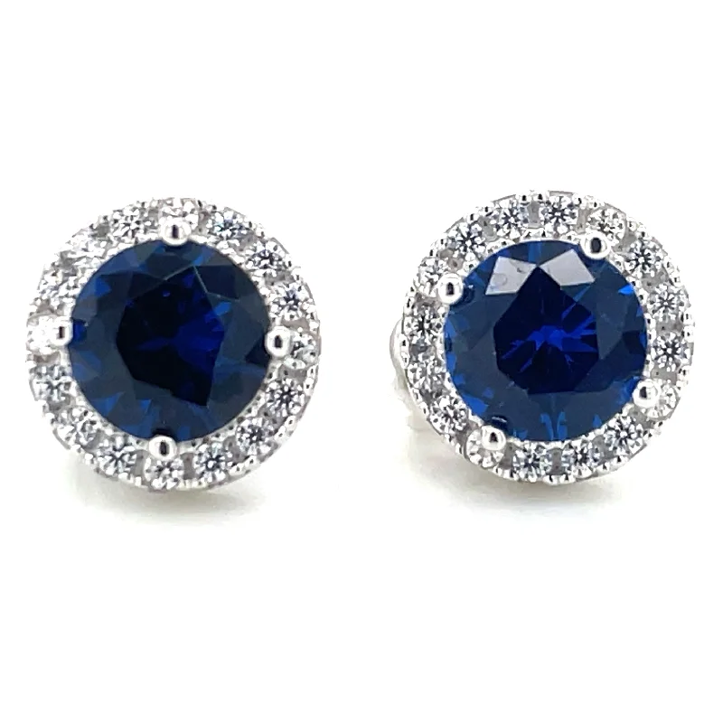 Ethnic Stud Earrings with Tribal Design -Sterling Silver Sapphire And Cz Halo Stud Earrings